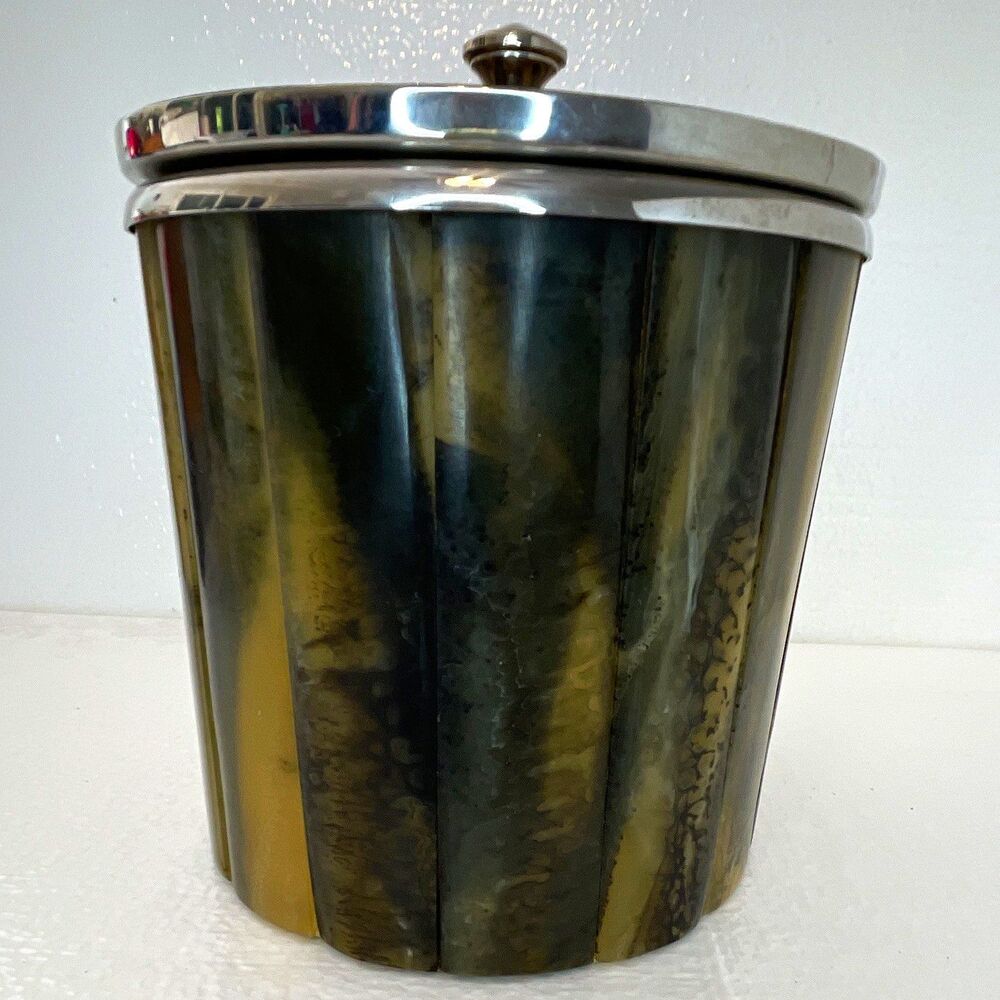Zodax Horn Inlay Ice Bucket with Lid Stainless Steel MCM Sunburst Barware 7in